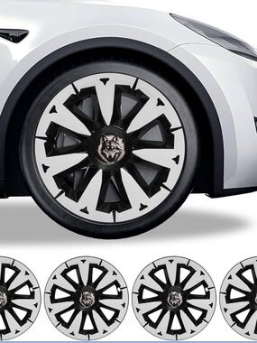 Tesla White and Black Wheel Covers with Wolf Center Emblem